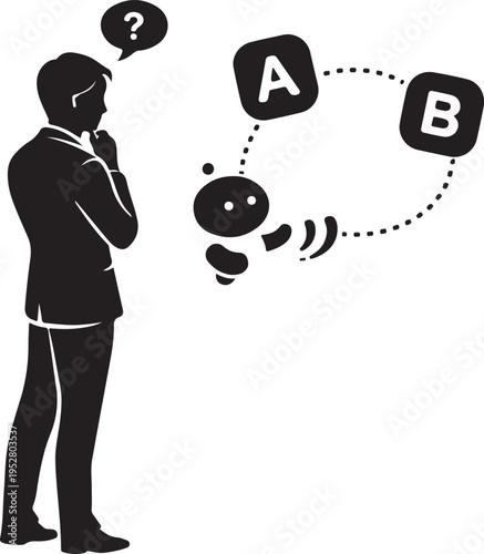 A thoughtful man contemplates choices represented by letters and a robot showcasing a complex decision making process silhouette high quality