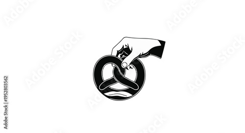 Hand reaches to grasp a traditional salty pretzel depicted in a high contrast black and white graphic style.
