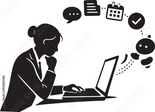 A businesswoman intently focused on her laptop surrounded by digital icons and thought bubbles silhouette high quality professional detailed modern