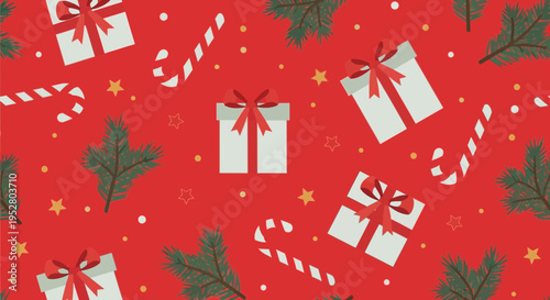 Christmas seamless pattern with gifts, candy canes, fir branches, and stars on a red background, holiday season celebration