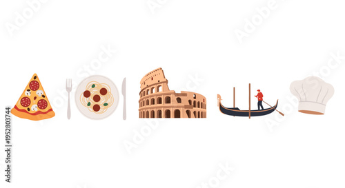 Italian symbols collection features iconic food, famous landmarks, and cultural elements representing the country's rich heritage and traditions.