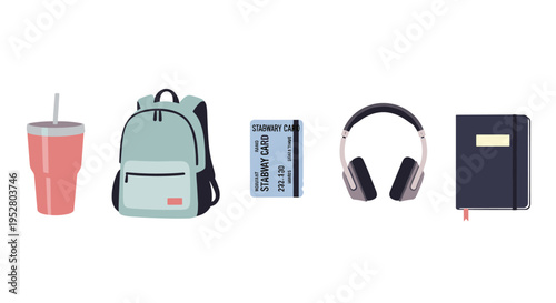 Daily essentials collection featuring a travel mug, backpack, transit card, headphones, and a personal journal, representing modern lifestyle and convenience.