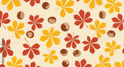 Seamless pattern with autumn leaves and chestnuts on a light background, fall season illustration for textile or wallpaper design