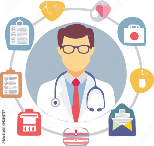 Doctor surrounded by various medical symbols and icons representing healthcare services and technology