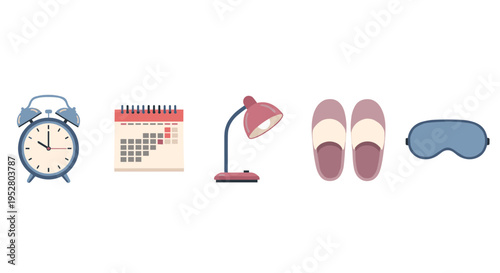 Daily routine essentials for a balanced life, including an alarm clock, calendar, lamp, slippers, and sleep mask, are displayed in a neat arrangement.