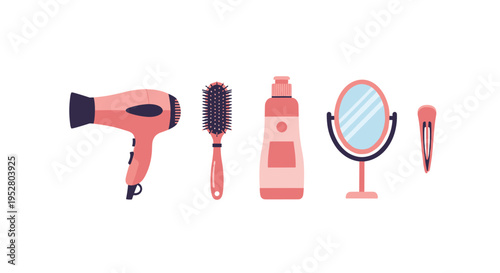 Hair care tools and beauty accessories are neatly arranged in a colorful flat illustration, perfect for showcasing salon services or personal grooming routines.