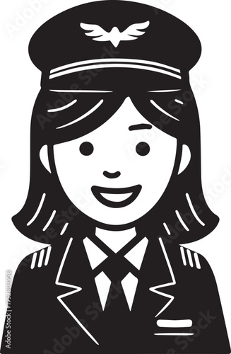Hand Drawn Female Pilot Black and White Avatar Illustration in Minimal Line Art Style Design