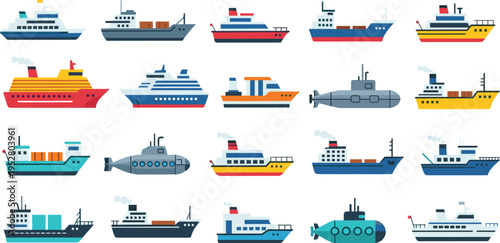Colorful cargo ships, cruise liners, ferries and submarines collection, flat maritime transport illustration set isolated on light background design