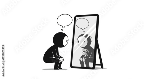 Cartoon character looking in mirror, contemplating self