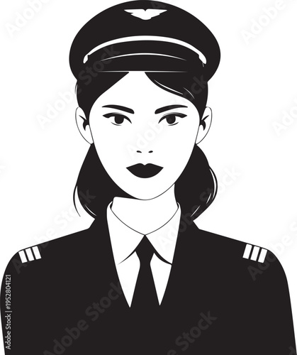 Hand Drawn Female Pilot Black and White Avatar Illustration in Minimal Line Art Style Design