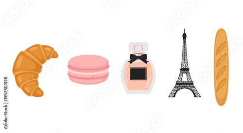 French cultural symbols and iconic items are beautifully illustrated, featuring a croissant, macaron, perfume bottle, Eiffel Tower, and baguette in a charming vector style.