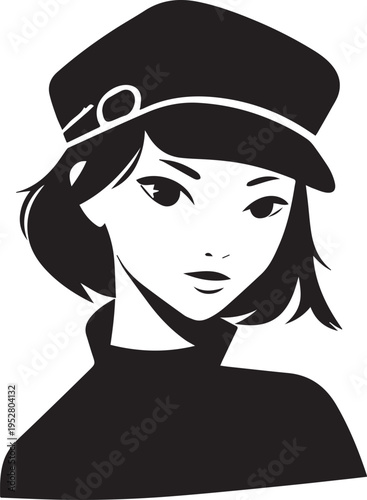 Hand Drawn Female Pilot Black and White Avatar Illustration in Minimal Line Art Style Design