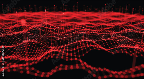 Abstract Red Digital Network Grid Flowing Waves.