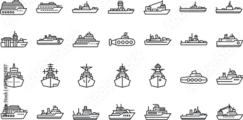 Minimal line ship icons collection with boats, cruise ships, submarines and naval vessels, simple outline maritime transport set isolated background