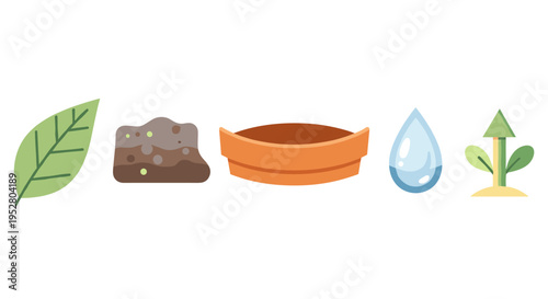 Illustrative icons showcasing the fundamental components of plant cultivation, including a leaf, soil, pot, water, and a new sprout.
