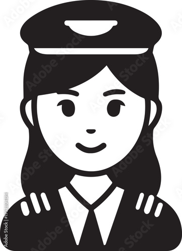Hand Drawn Female Pilot Black and White Avatar Illustration in Minimal Line Art Style Design
