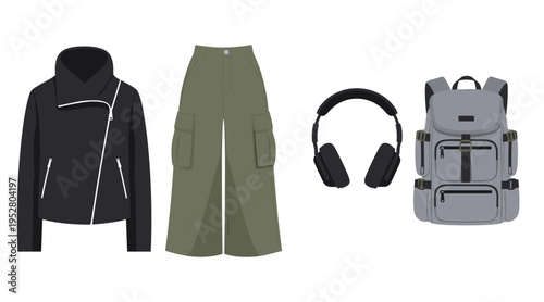 Modern casual outfit items including a black jacket, olive cargo pants, black headphones, and a grey backpack, representing essential travel or everyday gear.