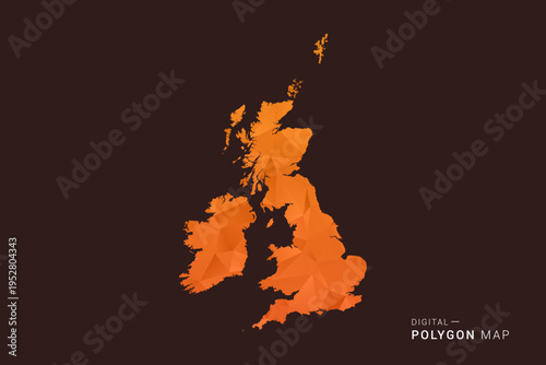 United Kingdom Map - low poly polygon vector, geometric triangulated silhouette in orange and dark brown tones, clean modern infographic style, isolated background.