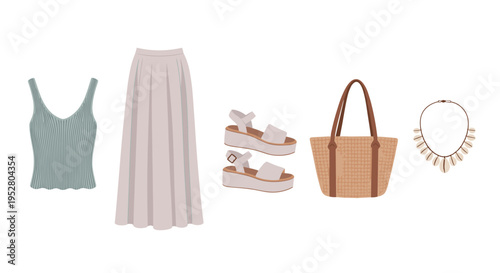 Stylish women's summer vacation outfit with ribbed tank top, flowing midi skirt, comfortable platform sandals, a woven straw tote bag, and a shell necklace.