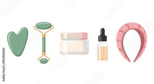 Skincare tools and products for a daily beauty routine including a gua sha, jade roller, cream, serum, and headband are essential for self-care.