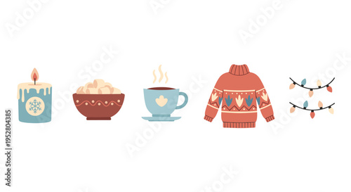 Cozy winter holiday elements collection featuring a lit candle, marshmallows, hot drink, warm sweater, and festive string lights for seasonal comfort.