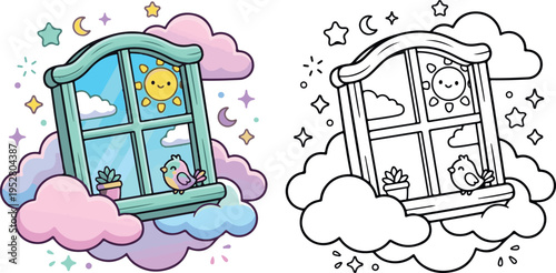 cartoon vector illustration of a girl with a suitcase window floating in sky for kid book