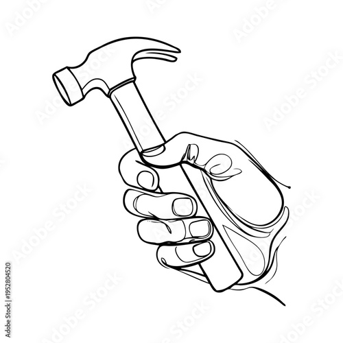 Logo men at work. Dibujo sencillo con línea continua de una mano sujetando un martillo 