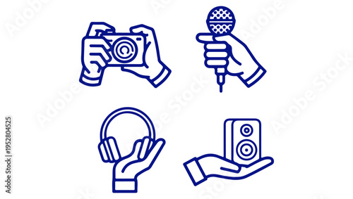 Hands holding audio and visual equipment a collection of media icons