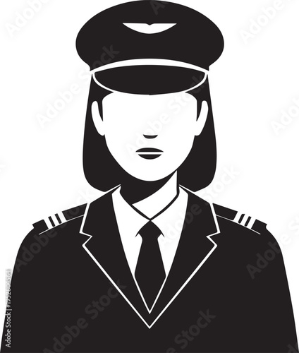 Hand Drawn Female Pilot Black and White Avatar Illustration in Minimal Line Art Style Design