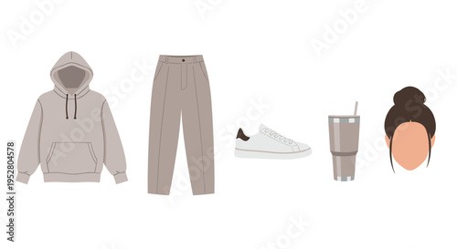 Modern minimalist casual outfit set featuring a comfortable hoodie, stylish trousers, classic sneakers, and a practical tumbler cup, complemented by a faceless head.