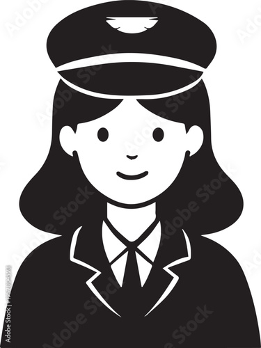 Hand Drawn Female Pilot Black and White Avatar Illustration in Minimal Line Art Style Design