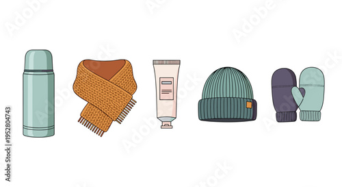 Collection of winter essentials including a thermos, scarf, cream, beanie, and mittens, presented as a flat illustration for cold weather preparation.