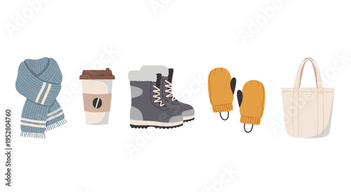 Winter accessories and everyday items collection featuring a warm knitted scarf, coffee cup, snow boots, cozy mittens, and a canvas tote bag.