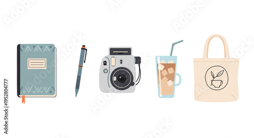 Essential travel and creative items, such as a notebook, pen, instant camera, refreshing iced coffee, and a stylish tote bag, for daily adventures.