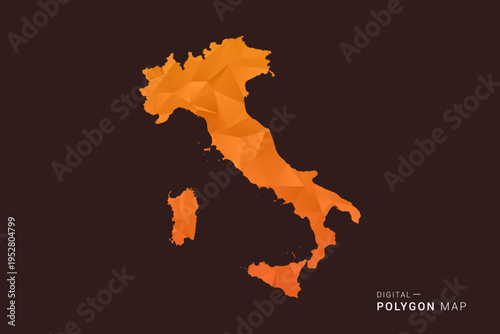 Italy Map - low poly polygon vector, geometric triangulated silhouette in orange and dark brown tones, clean modern infographic style, isolated background.