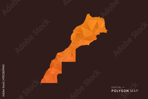 Morocco Map - low poly polygon vector, geometric triangulated silhouette in orange and dark brown tones, clean modern infographic style, isolated background.