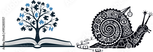 Whimsical fusion of knowledge, technology, and nature in artistic illustration