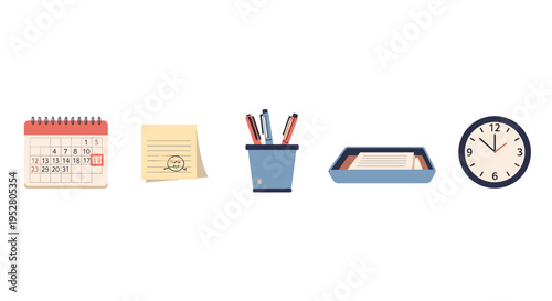 Collection of essential office items for effective time management, planning, and productivity in a modern business or educational environment.