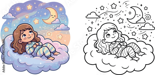 child lying on cloud kid book vector illustration