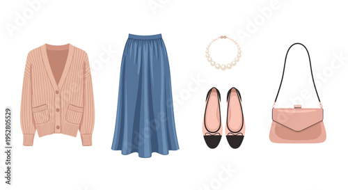 Women's elegant fashion clothing and accessories collection with a cozy pink cardigan, flowing blue skirt, classic pearl necklace, ballet flats, and a chic handbag.