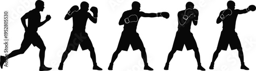 Boxing silhouette sequence, male athlete performing punches and guard stance, dynamic combat sport action, flat vector illustration isolated background