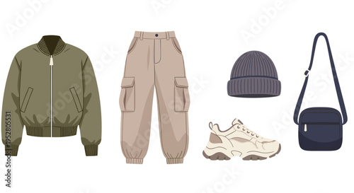 Modern casual clothing and accessories collection featuring a stylish bomber jacket, cargo pants, chunky sneakers, a beanie, and a messenger bag.