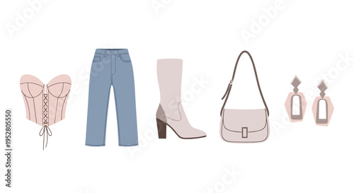 Stylish women's fashion apparel accessories set features a modern trendy outfit combination including a corset top, jeans, boots, handbag, and earrings.