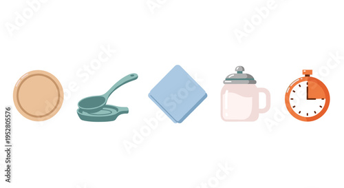 Various kitchen utensils and tools for cooking and baking, including a plate, spoon, napkin, jar, and timer, presented in a clean flat design style.