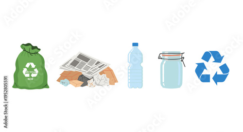 Different types of waste materials such as paper, plastic bottles, and glass jars are presented with a recycle symbol and bag, emphasizing eco-friendly practices.