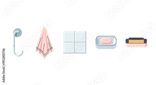 Essential hygiene products and bathroom accessories are displayed in a clean, modern flat illustration, perfect for health and wellness concepts.