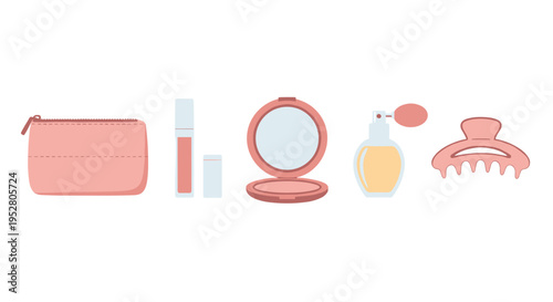 Various beauty and personal care items are neatly arranged in a horizontal line, showcasing essential accessories for daily routines and self-care.