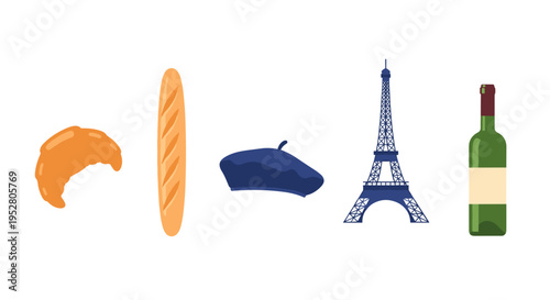 French cultural symbols and iconic elements are neatly arranged in a row, representing the rich heritage and charm of France with a minimalist flat design.