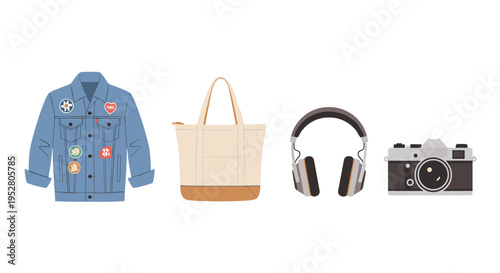 Denim jacket, tote bag, headphones, and camera are essential items for a casual trip or an adventurous journey, representing hobbies and personal style.