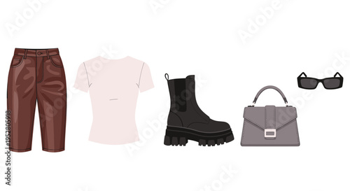 Women's fashion outfit featuring brown pants, a light t-shirt, black boots, a grey bag, and sunglasses, creating a chic modern style.